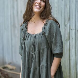 Harmony - Tiered Maxi Dress with Square Neck in Olive Green